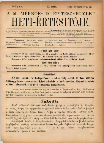 A Magyar Mérnök- és Építész Egylet Heti Értesítőjének címlapja. 33. szám. 1883. november 29.